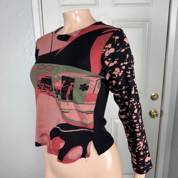 Vintage y2K Top M Shirt Knit Louise FD Long sleeve Cotton Dyed Print Baby Z3-26 - Picture 4 of 7